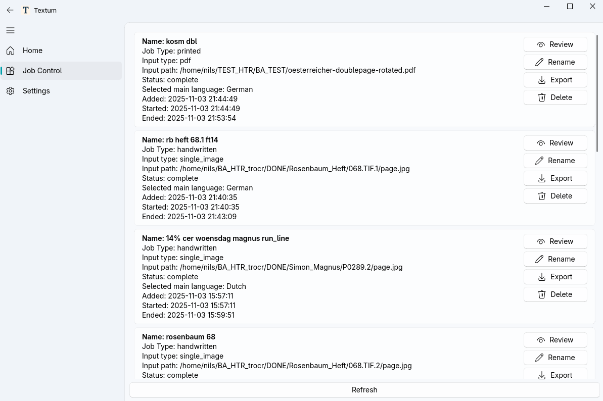Job Control view showing the list of OCR jobs