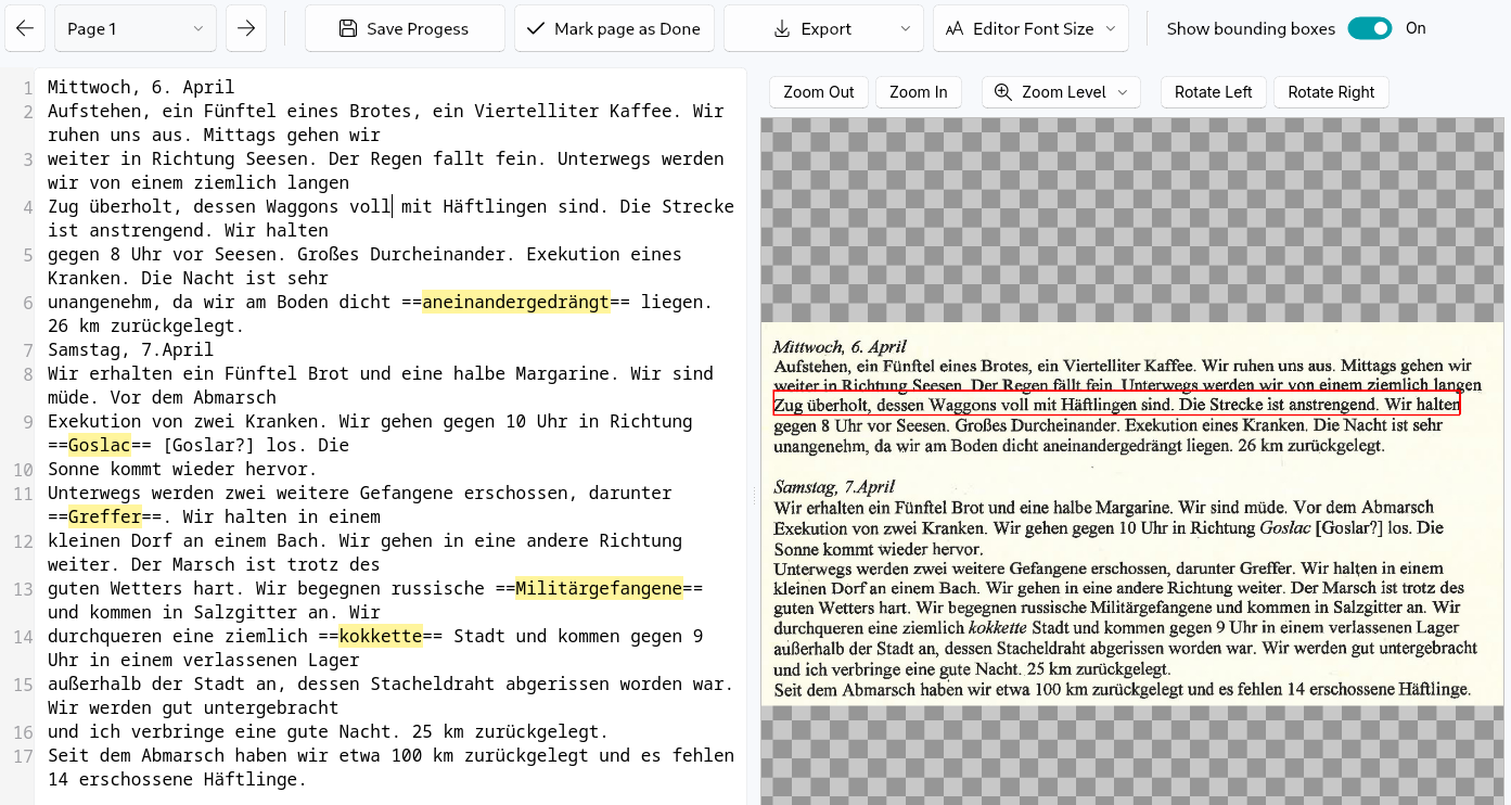 Review interface with source page and editable recognized text