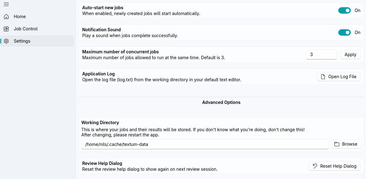 Settings page with application preferences and runtime options